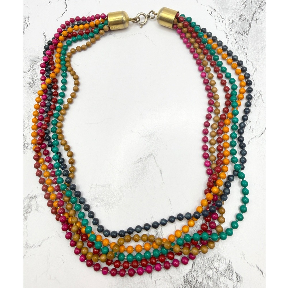 Vintage 5 Strand Beaded Necklace‎ Multicolor Glass Look 15" Statement